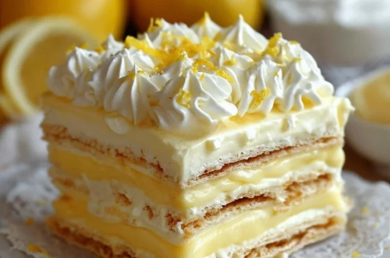 No-bake lemon eclair cake topped with lemon glaze and whipped cream