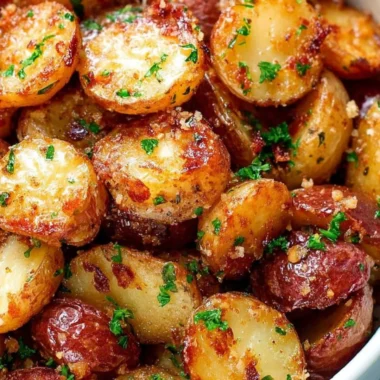 Plate of crispy Parmesan Roasted Potatoes garnished with herbs
