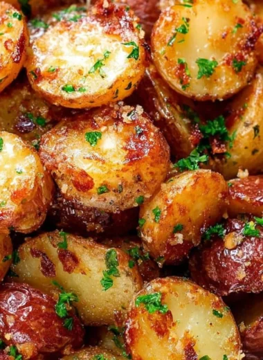 Plate of crispy Parmesan Roasted Potatoes garnished with herbs