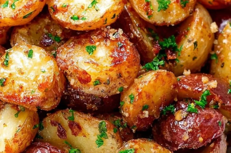 Plate of crispy Parmesan Roasted Potatoes garnished with herbs