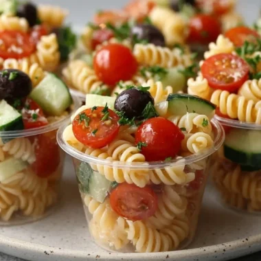 Delicious pasta salad cups filled with fresh vegetables and dressing