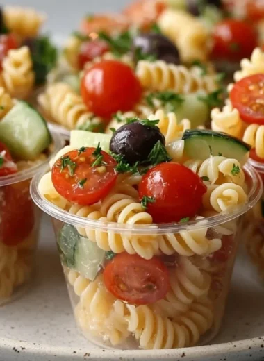 Delicious pasta salad cups filled with fresh vegetables and dressing