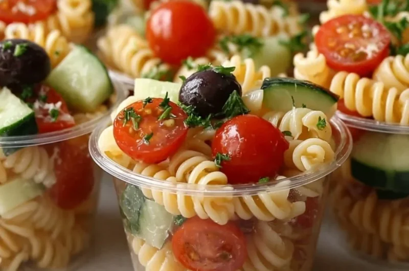 Delicious pasta salad cups filled with fresh vegetables and dressing