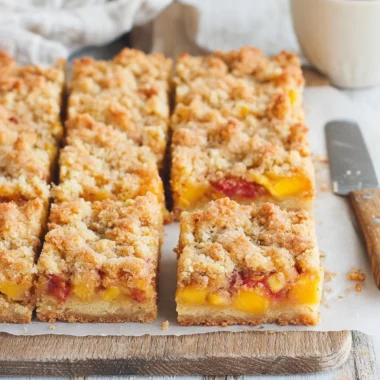 Delicious Peaches and Cream Crumble Bars served on a plate with fresh peaches