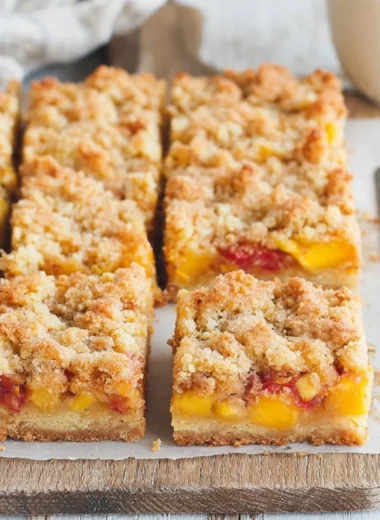 Delicious Peaches and Cream Crumble Bars served on a plate with fresh peaches