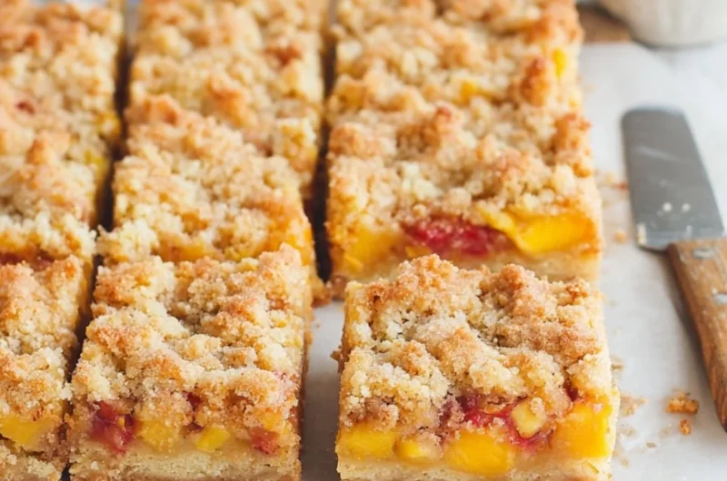 Delicious Peaches and Cream Crumble Bars served on a plate with fresh peaches