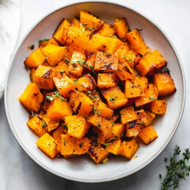 Delicious roasted butternut squash served in a bowl with herbs