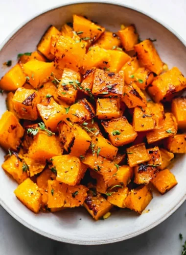 Delicious roasted butternut squash served in a bowl with herbs