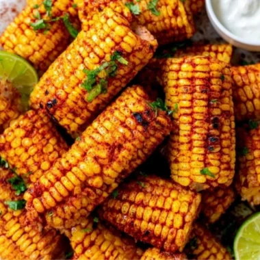 Plate of flavorful roasted corn ribs garnished with spices and herbs