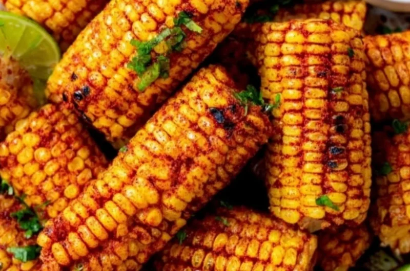Plate of flavorful roasted corn ribs garnished with spices and herbs