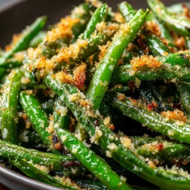 Roasted green beans with garlic and parmesan served on a plate