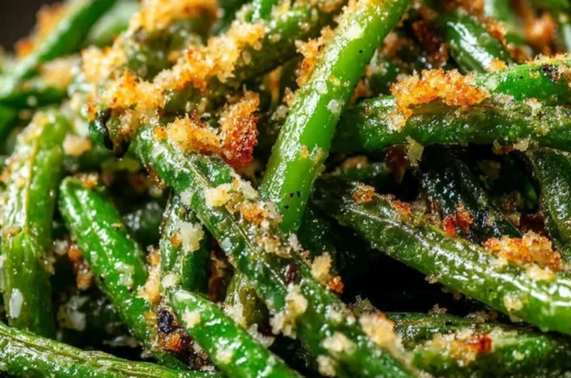Roasted green beans with garlic and parmesan served on a plate