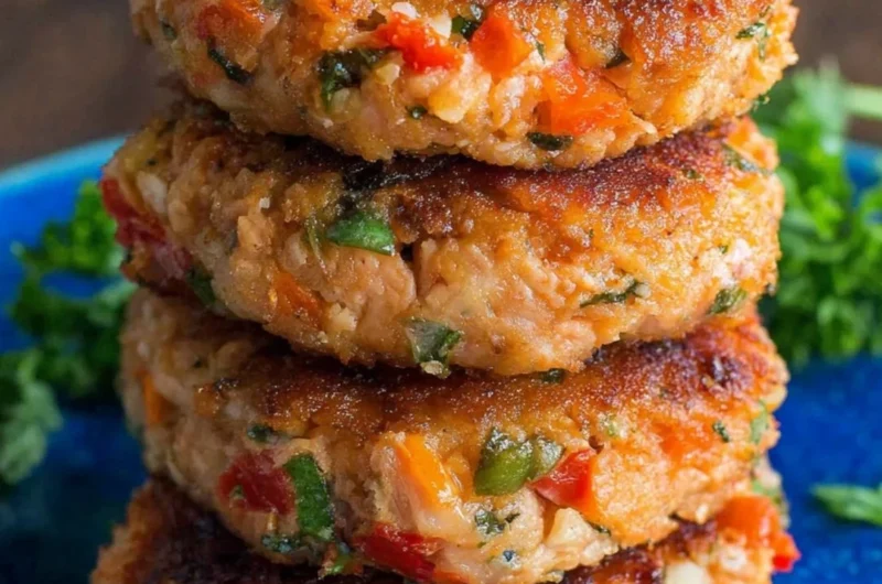 Homemade salmon patties served with a side of fresh salad.