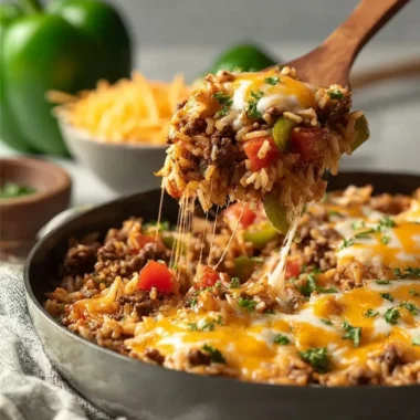 Satisfying ground beef and rice skillet recipe served in a vibrant pan.