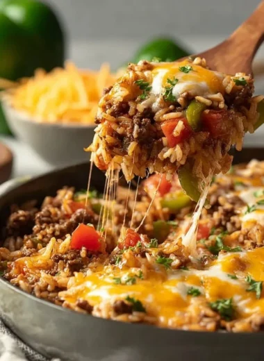 Satisfying ground beef and rice skillet recipe served in a vibrant pan.