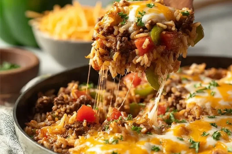 Satisfying ground beef and rice skillet recipe served in a vibrant pan.