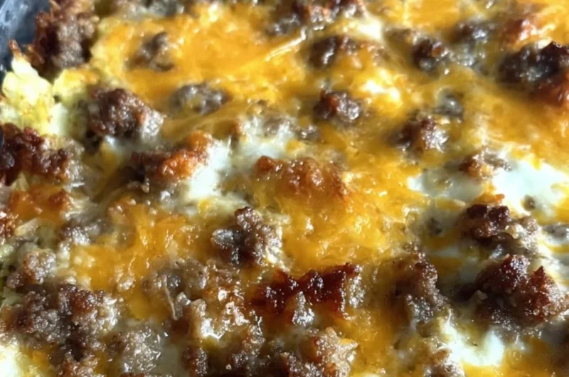 Sausage Hashbrown Breakfast Casserole served in a baking dish