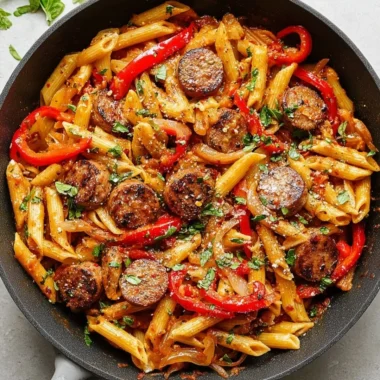 A plate of delicious sausage pasta garnished with fresh herbs.