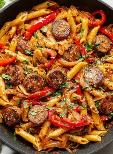 A plate of delicious sausage pasta garnished with fresh herbs.