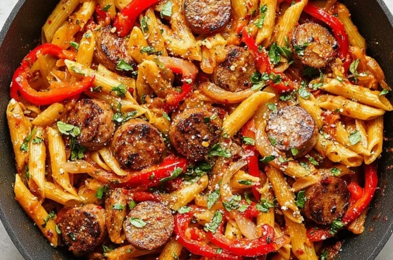 A plate of delicious sausage pasta garnished with fresh herbs.