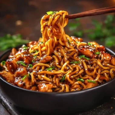 Sticky Garlic Chicken Noodles with savory sauce and fresh herbs