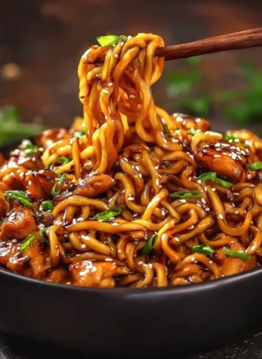 Sticky Garlic Chicken Noodles with savory sauce and fresh herbs