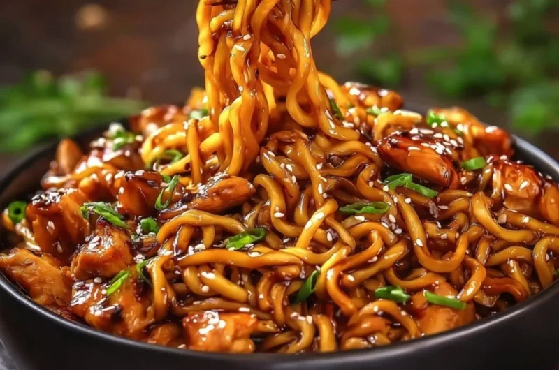 Sticky Garlic Chicken Noodles with savory sauce and fresh herbs