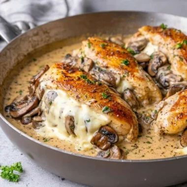 Stuffed chicken breast with mushroom and cheese ready to serve