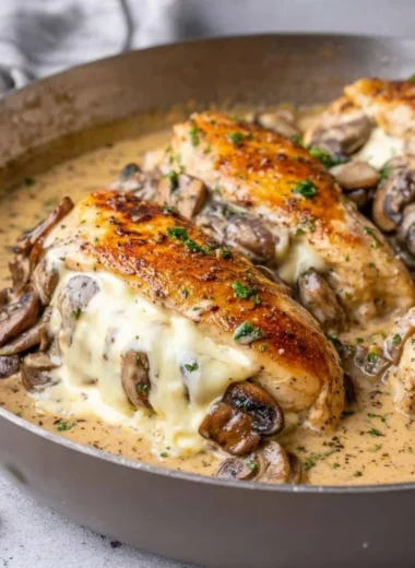 Stuffed chicken breast with mushroom and cheese ready to serve