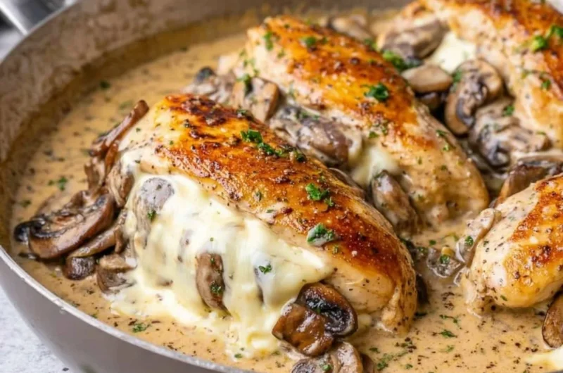 Stuffed chicken breast with mushroom and cheese ready to serve