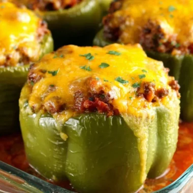 Colorful stuffed peppers filled with rice, vegetables, and spices.
