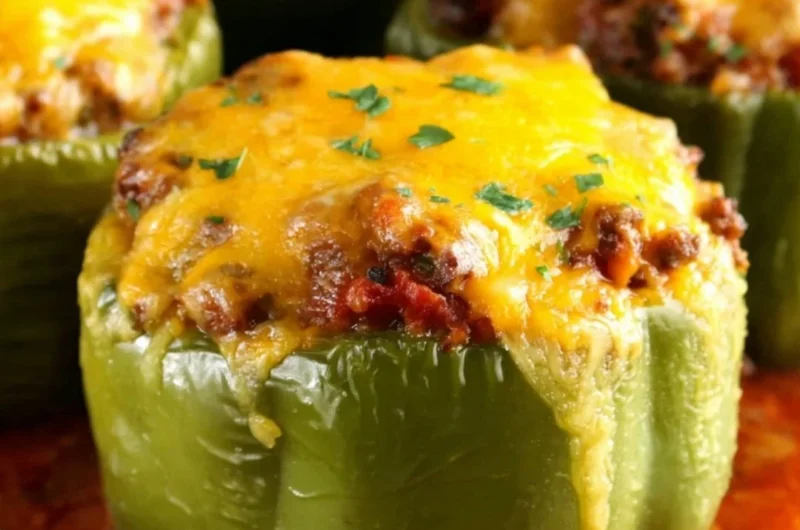 Colorful stuffed peppers filled with rice, vegetables, and spices.