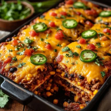 Delicious Taco Bake Casserole topped with cheese and garnished with cilantro