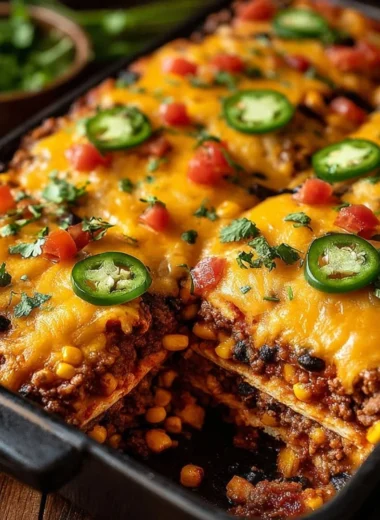 Delicious Taco Bake Casserole topped with cheese and garnished with cilantro