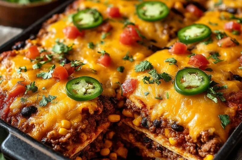 Delicious Taco Bake Casserole topped with cheese and garnished with cilantro