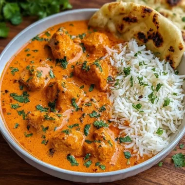 Delicious butter chicken served with naan and rice on a dining table