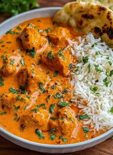 Delicious butter chicken served with naan and rice on a dining table