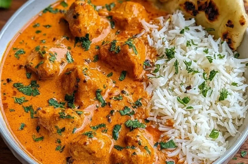 Delicious butter chicken served with naan and rice on a dining table