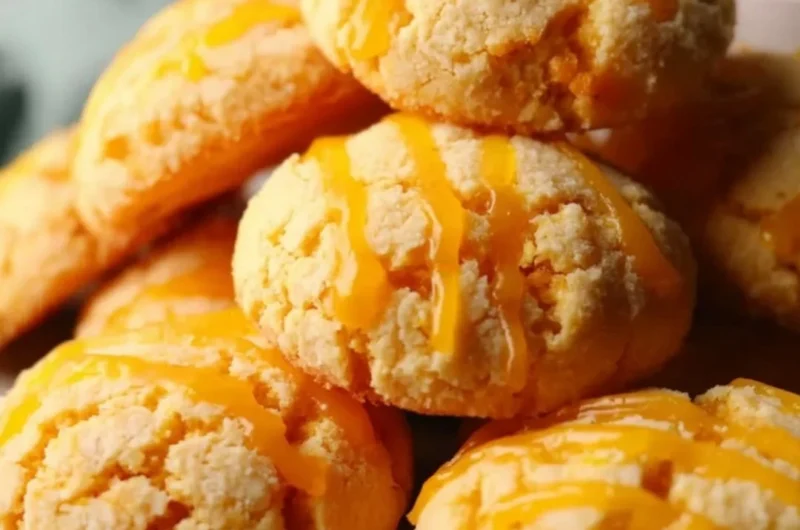 Delicious tropical mango cookies on a wooden plate topped with coconut flakes.