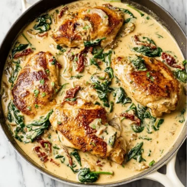 Delicious Tuscan Chicken with herbs, sun-dried tomatoes, and creamy sauce.