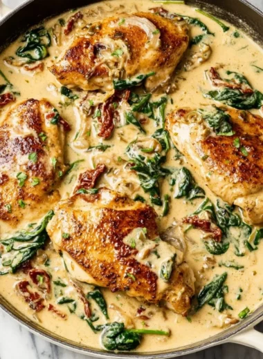 Delicious Tuscan Chicken with herbs, sun-dried tomatoes, and creamy sauce.