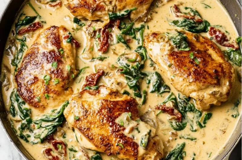 Delicious Tuscan Chicken with herbs, sun-dried tomatoes, and creamy sauce.