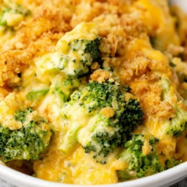 Delicious Velveeta broccoli casserole baked to perfection with creamy cheese.