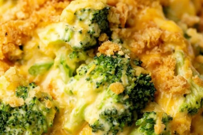 Delicious Velveeta broccoli casserole baked to perfection with creamy cheese.