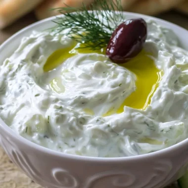 Authentic tzatziki sauce in a bowl with fresh ingredients