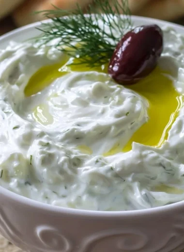 Authentic tzatziki sauce in a bowl with fresh ingredients