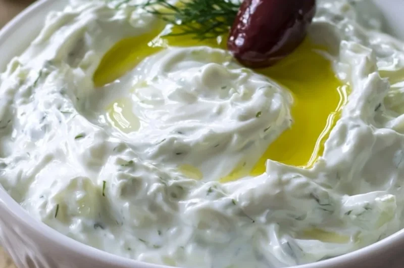 Authentic tzatziki sauce in a bowl with fresh ingredients