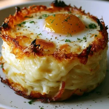 Baked Eggs Napoleon dish served in a white ceramic dish, garnished with herbs.