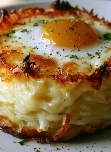 Baked Eggs Napoleon dish served in a white ceramic dish, garnished with herbs.