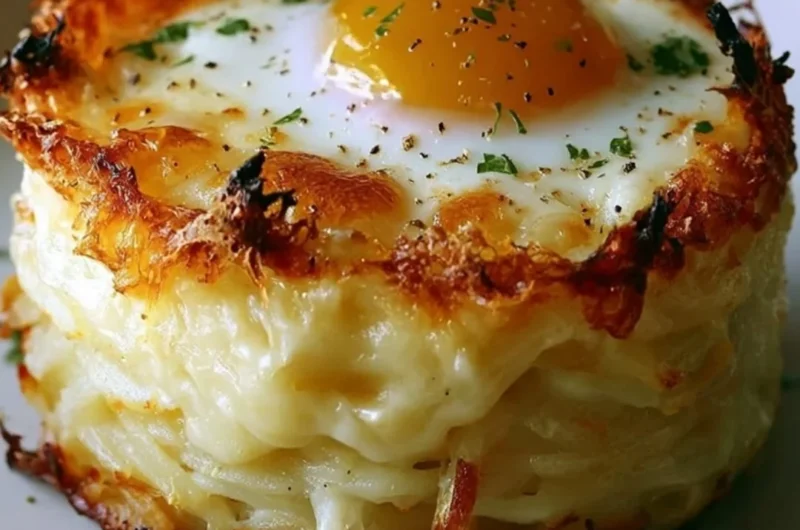 Baked Eggs Napoleon dish served in a white ceramic dish, garnished with herbs.